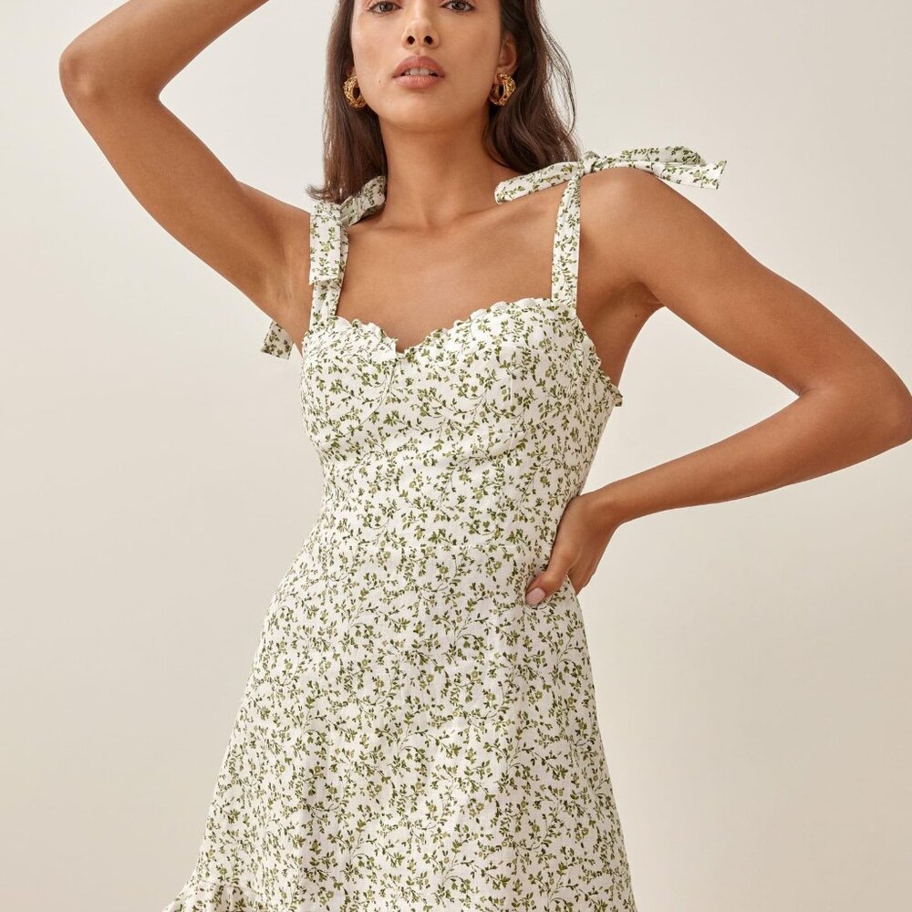 Reformation Desiree Green and White Floral (Ivy) Linen Dress, Size 0, NWT - Picture 2 of 7